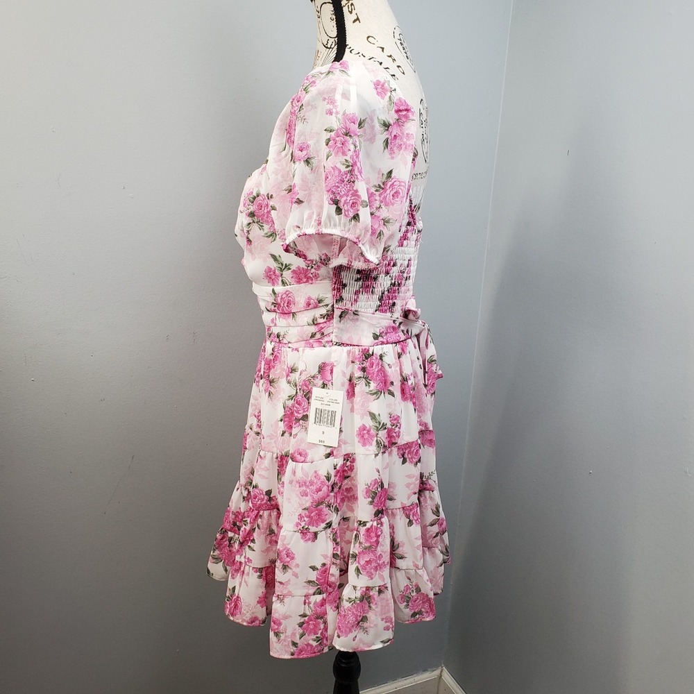 B. Smart Mini Dress Womens 9 Multi Floral Tie Back Puff Sleeve Sweetheart Neck - Picture 11 of 14